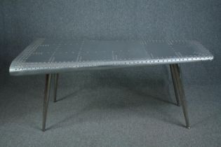 An aviator style aluminium writing table. H.75 W.173 D.92cm.