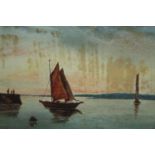 Watercolour painting signed 'R. Taylor' and dated 1921. A sailing boat and jetty. With visible