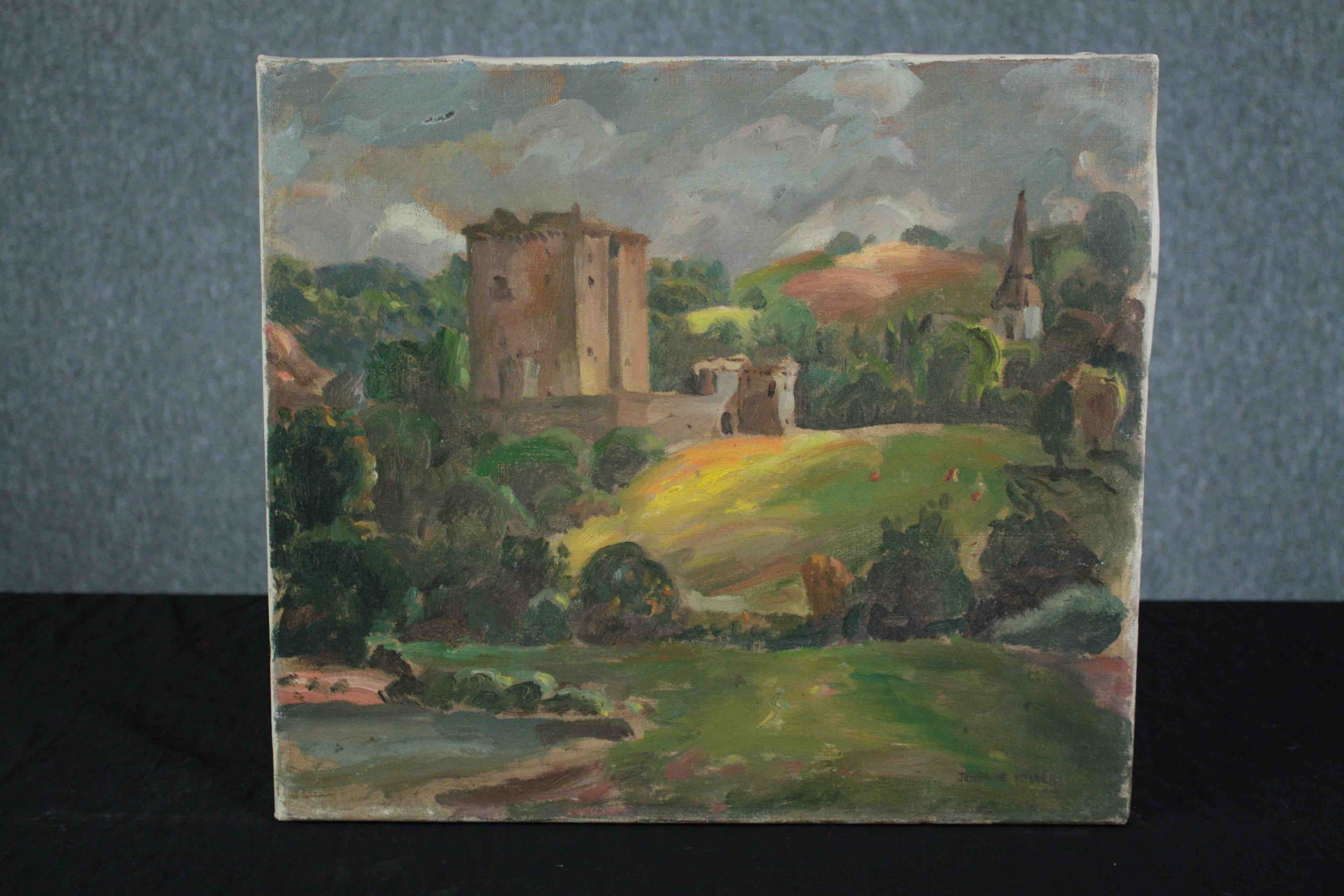 Josephine Haswell Miller (British. 1890-1975). Oil on board. Titled 'Borthwick Castle' to the - Image 2 of 3