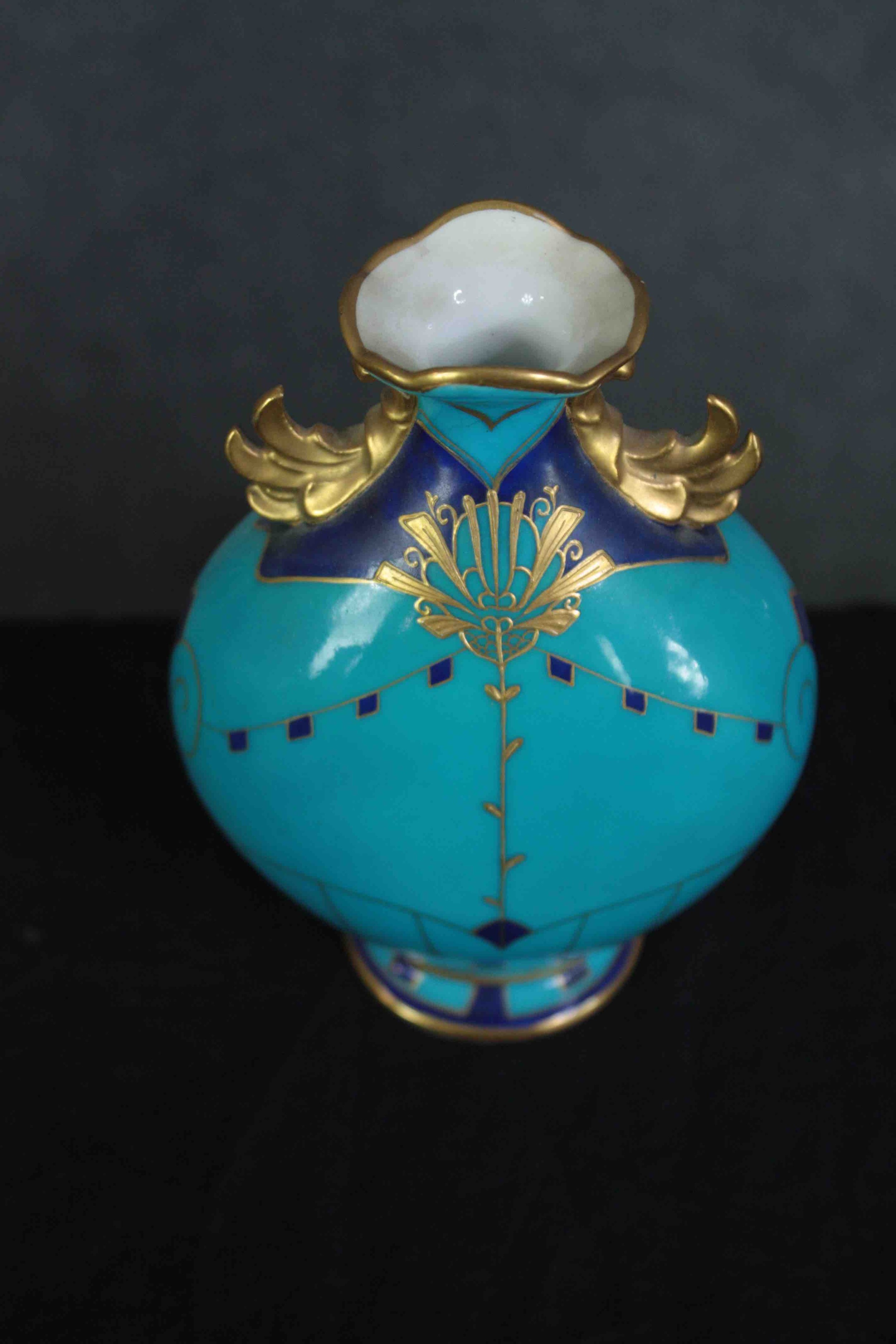 Minton's pottery. An ornate blue teal vase with hand painted gilt decoration. Egyptian revival. - Image 4 of 6