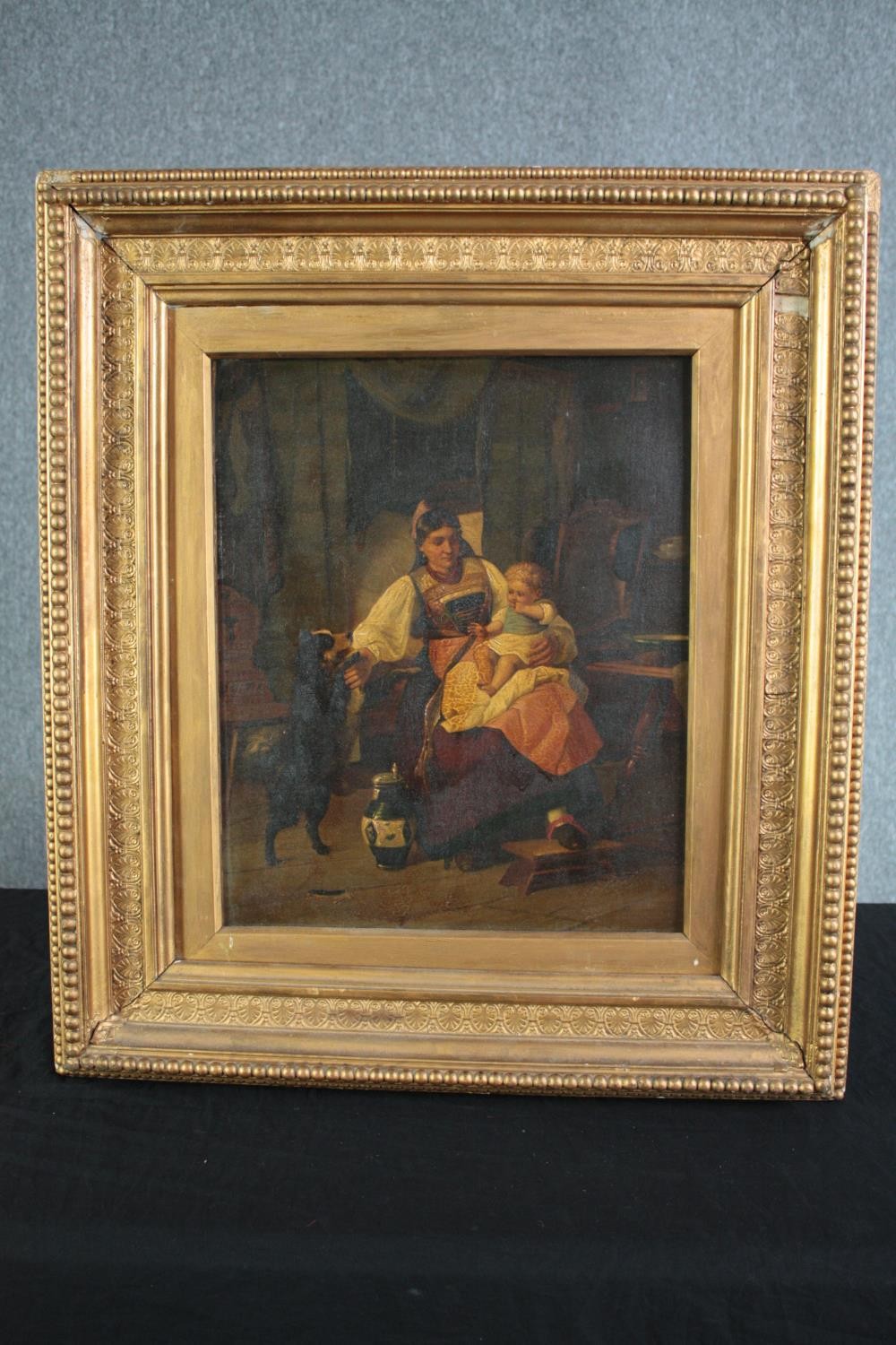 Oil on canvas. Mother child with a dog. Unsigned. Probably late nineteenth century. In gilt frame. - Image 3 of 4