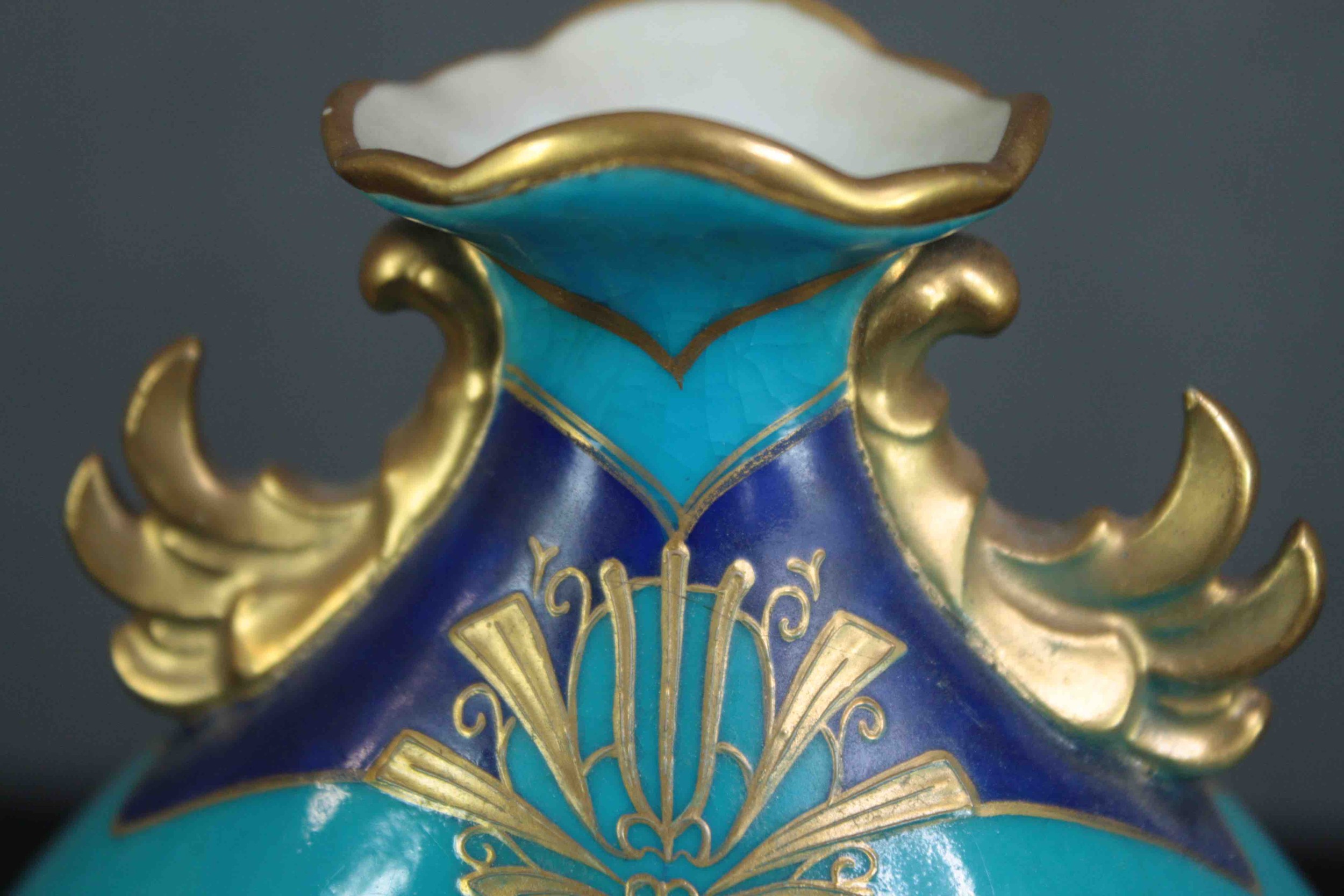 Minton's pottery. An ornate blue teal vase with hand painted gilt decoration. Egyptian revival. - Image 5 of 6