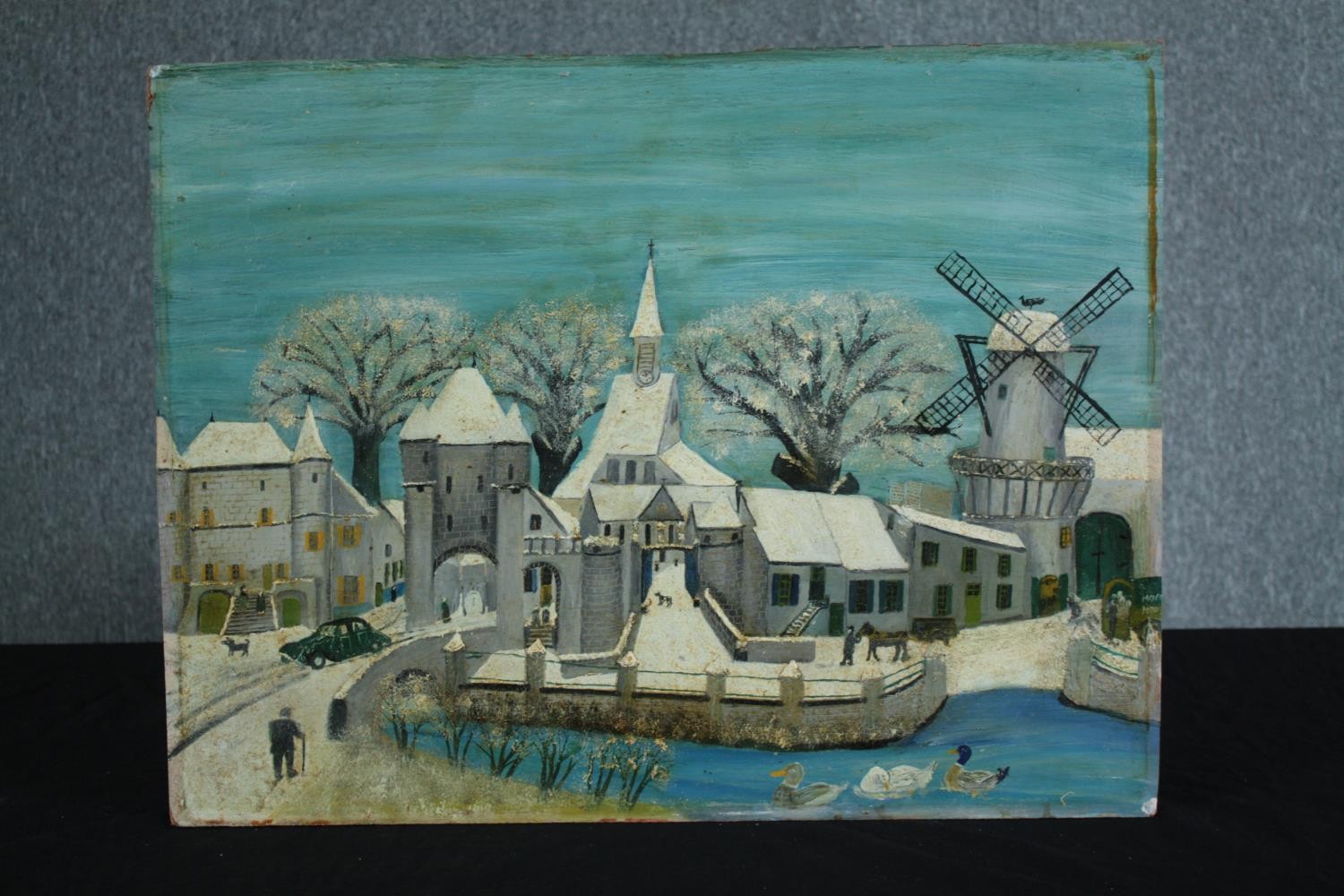 Oil on board. Winter windmill scene. Naive in style. Unsigned. H.50 W.64 cm. - Image 2 of 3