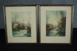 A pair of hand colour etchings. Landscapes. Both signed indistinctly bottom right. Framed. H.33 W.28