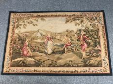 A hand woven petit point tapestry, early 19th century garden scene with figures. L.184 W.120cm.