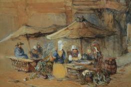 Pastel and watercolour. A street market scene. Probably early twentieth century. Unsigned. In a
