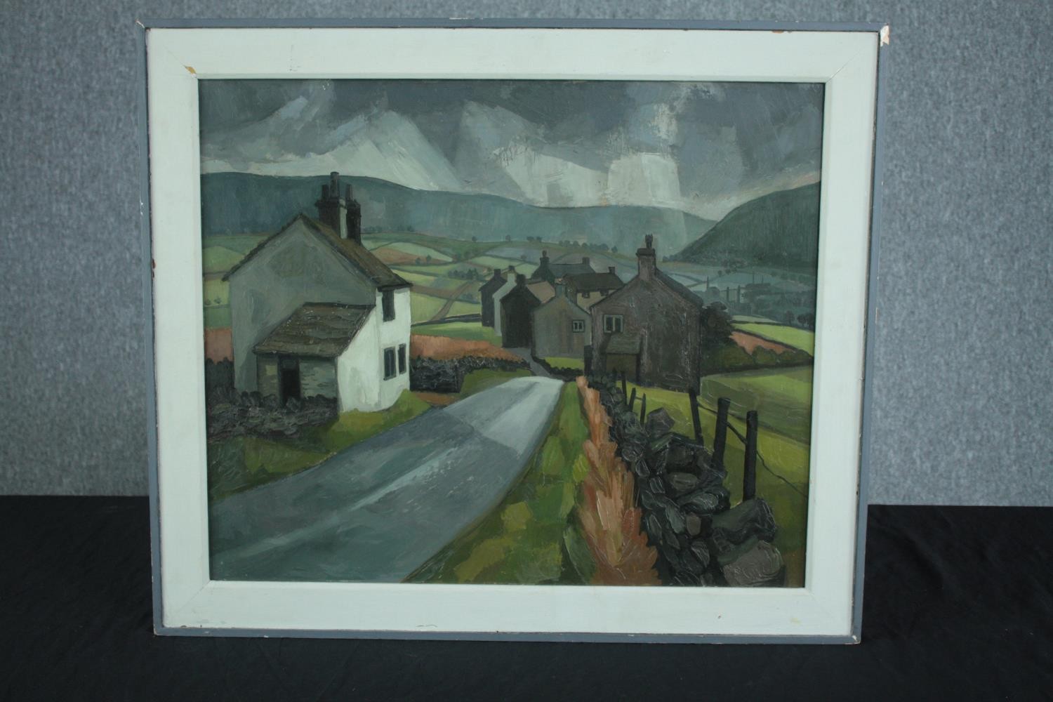 David J. Waterhouse. Oil painting on board. Titled 'Pennine Village'. Framed with label to the - Image 2 of 4