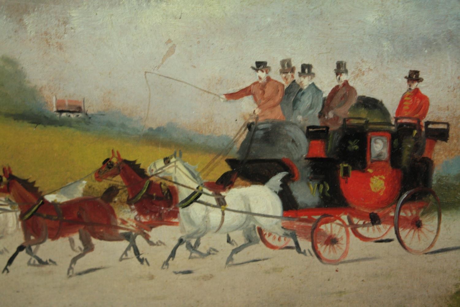 A pair of oil paintings on board. Stagecoaches. Signed indistinctly lower right. 19th century. - Image 3 of 5