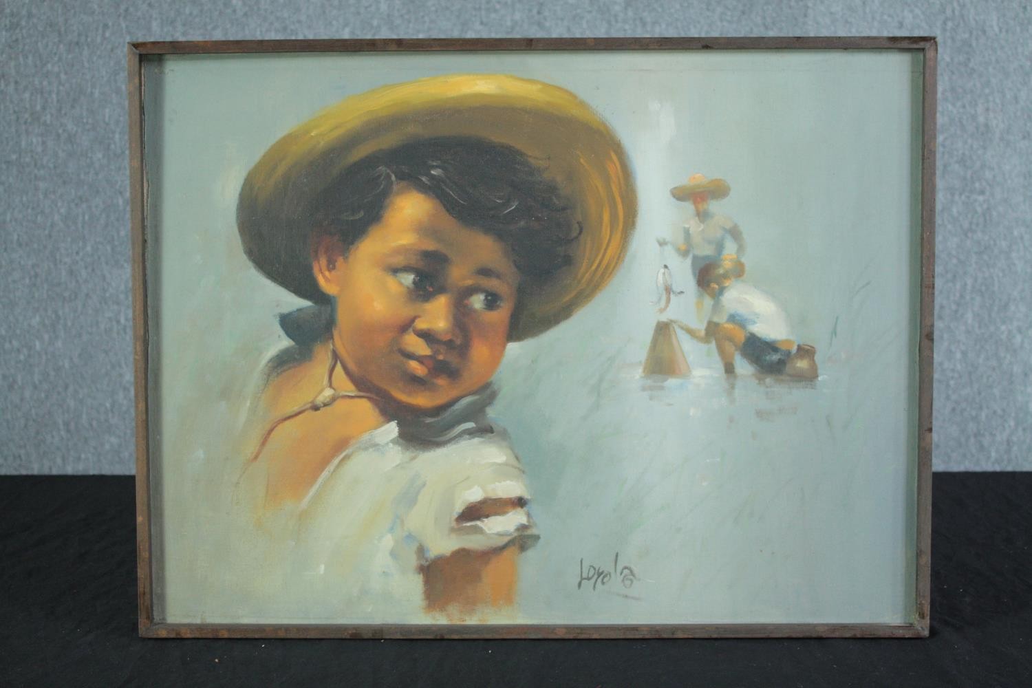 Oil on board. Boy in hat. Signed indistinctly bottom right. H.47 W.63 cm. - Image 2 of 4