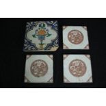 Four 19th century ceramic tiles. L.20 W.20cm. (largest)