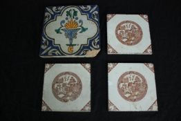 Four 19th century ceramic tiles. L.20 W.20cm. (largest)