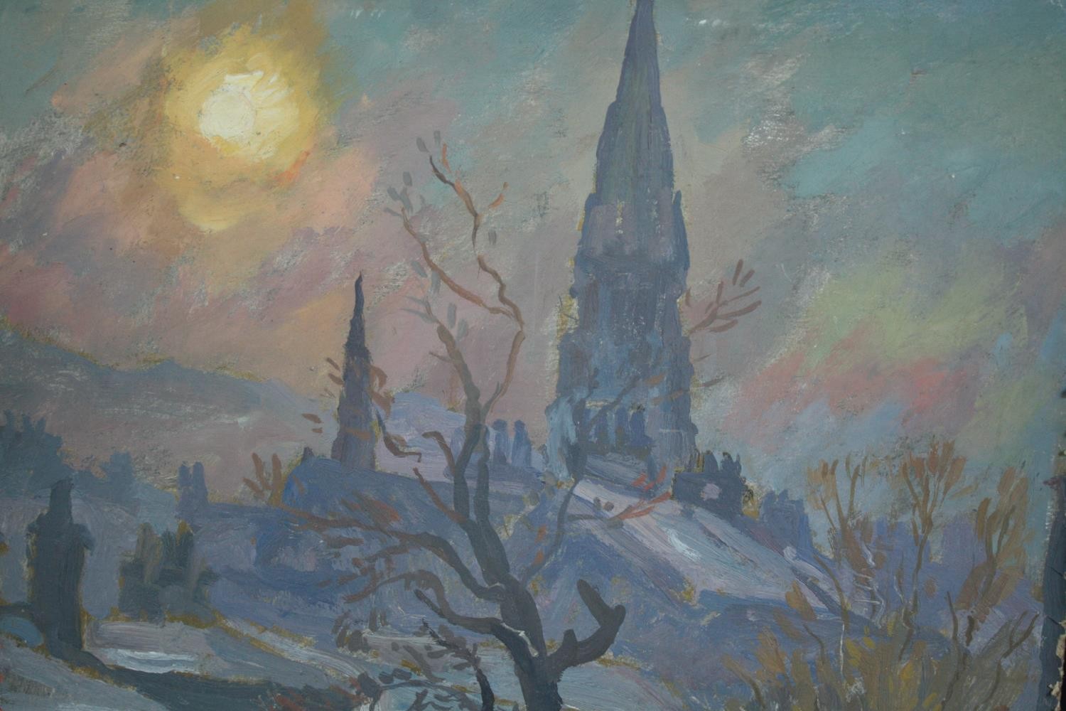 Josephine Haswell Miller (British 1890-1975). Oil painting on board. Winter townscape. Provenance: