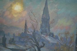 Josephine Haswell Miller (British 1890-1975). Oil painting on board. Winter townscape. Provenance: