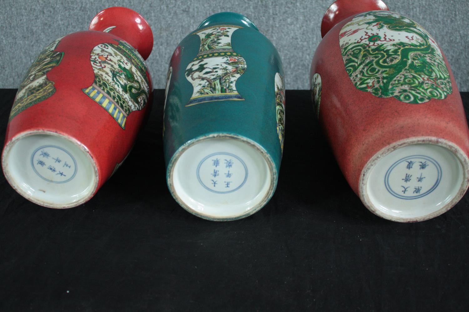 Three Chinese vases. Each signed on the base by the maker. Decorated with images of Chinese - Image 5 of 5