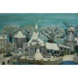 Oil on board. Winter windmill scene. Naive in style. Unsigned. H.50 W.64 cm.