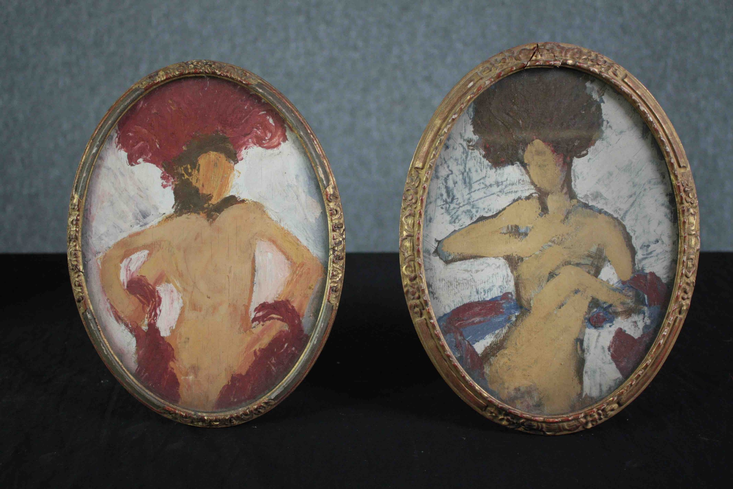 Two oval oil paintings on board. Nude studies. In matching frames and painted by the same hand. H.25