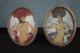 Two oval oil paintings on board. Nude studies. In matching frames and painted by the same hand. H.25