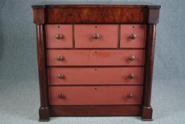 Chest of drawers, Victorian flame mahogany, later painted having the frieze and plinth panels as