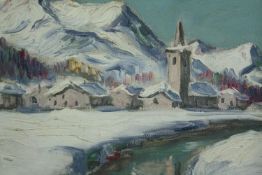 Oil painting on canvas. A winter Alpine scene. Signed 'C. A. Bollhalder'? Framed. H.32 W.44 cm.