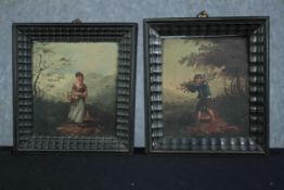 A pair of miniature oil paintings on on board. Naive in style and unsigned but by the same hand.
