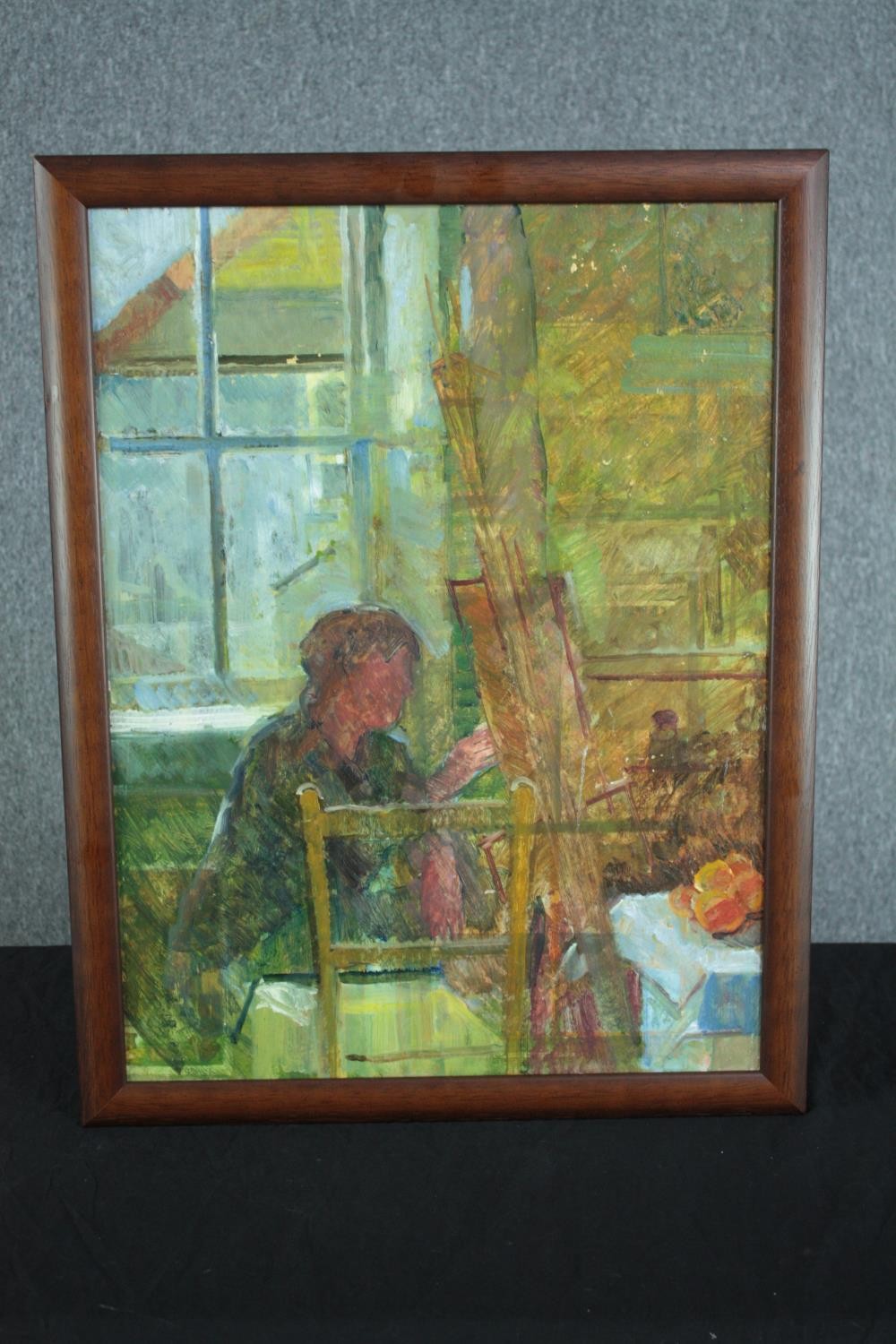 Patricia Algar. Oil painting on board. Studio scene, maybe a self portrait. H.67 W.52cm. - Image 2 of 5