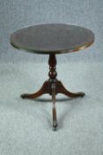 Lamp table, Georgian style mahogany and crossbanded with protective plate glass top. H.61 Dia.61cm.