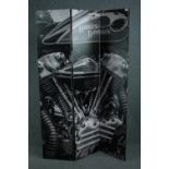 A modern three panel dressing screen decorated with a Harley Davidson. H.180 W.120 cm.