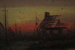 Oil painting on board. A landscape of dilapidated buildings and fallen power lines. Unsigned.