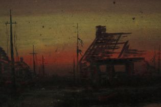 Oil painting on board. A landscape of dilapidated buildings and fallen power lines. Unsigned.