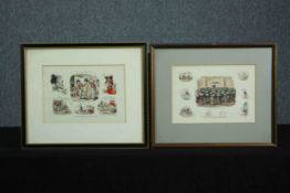 Lithographs. Two framed caricature prints. Framed and glazed. H.38 W.45cm. (largest)