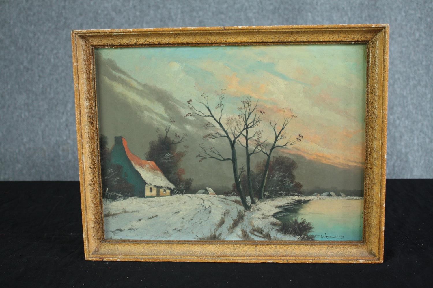 Oil on board. Winter Alpine scene. Signed indistinctly lower right. H.34 W.44 cm. - Image 2 of 4