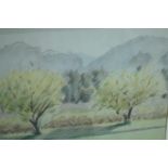 Crayon on paper. Apricot trees. Dated 1991. Signed Eleonor Fern? Framed. H.43 W.55 cm.