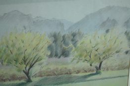 Crayon on paper. Apricot trees. Dated 1991. Signed Eleonor Fern? Framed. H.43 W.55 cm.