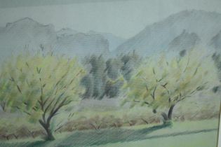 Crayon on paper. Apricot trees. Dated 1991. Signed Eleonor Fern? Framed. H.43 W.55 cm.