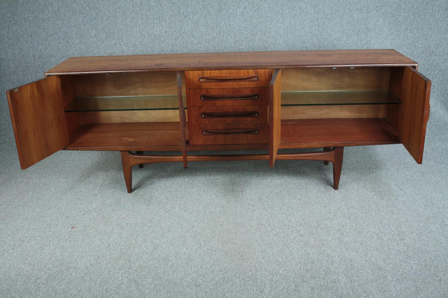 Sideboard, mid century teak by G-Plan with reinforced glass shelves. H.79 W.213 D.46cm. - Image 5 of 11