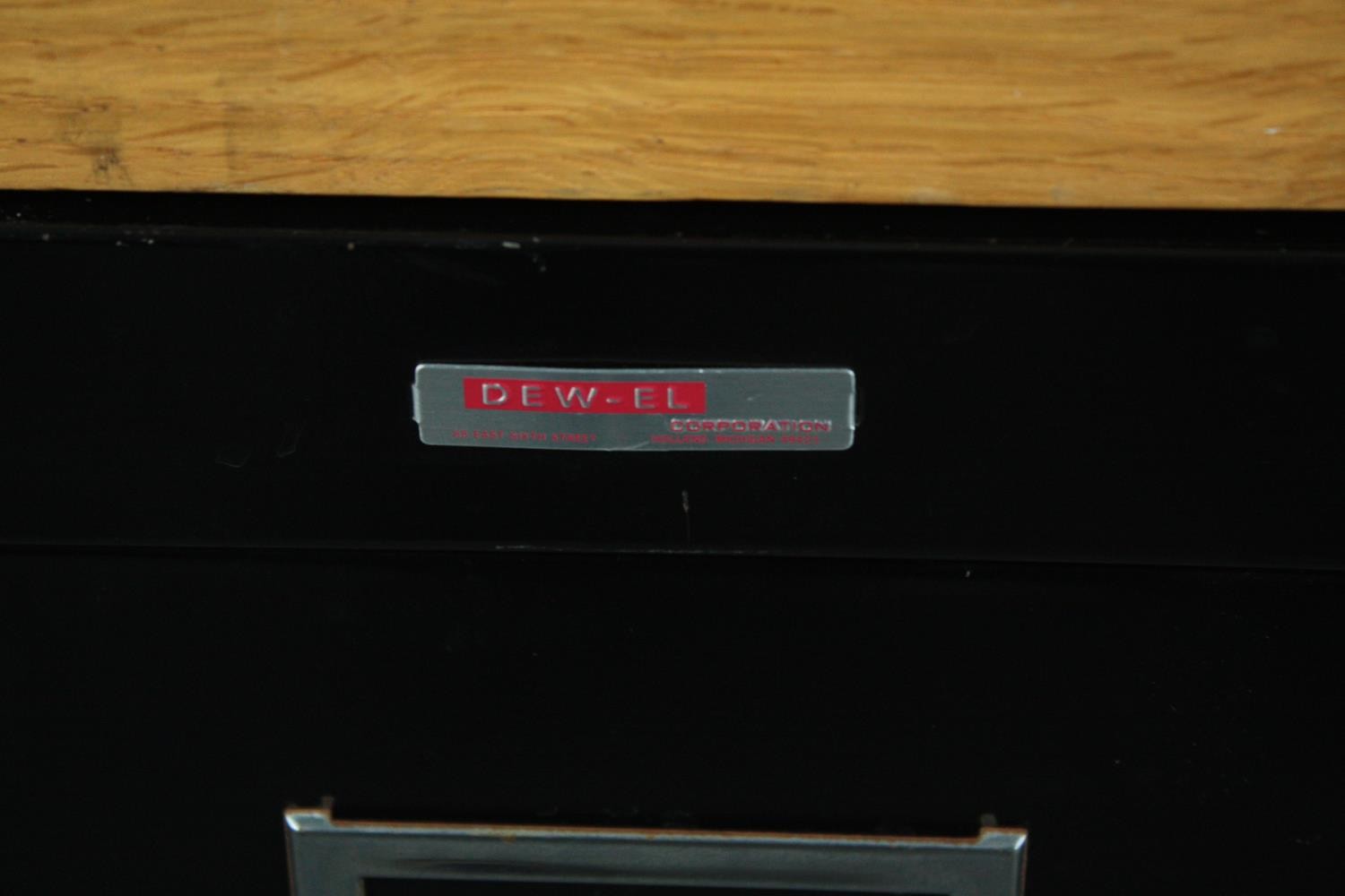 A vintage oak topped desk with filing cabinet pedestal and maker's label. H.75 W.122 D.61cm. - Image 6 of 6