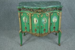 A vintage Louis XV commode cabinet with faux marble top and allover hand painted Classical style.