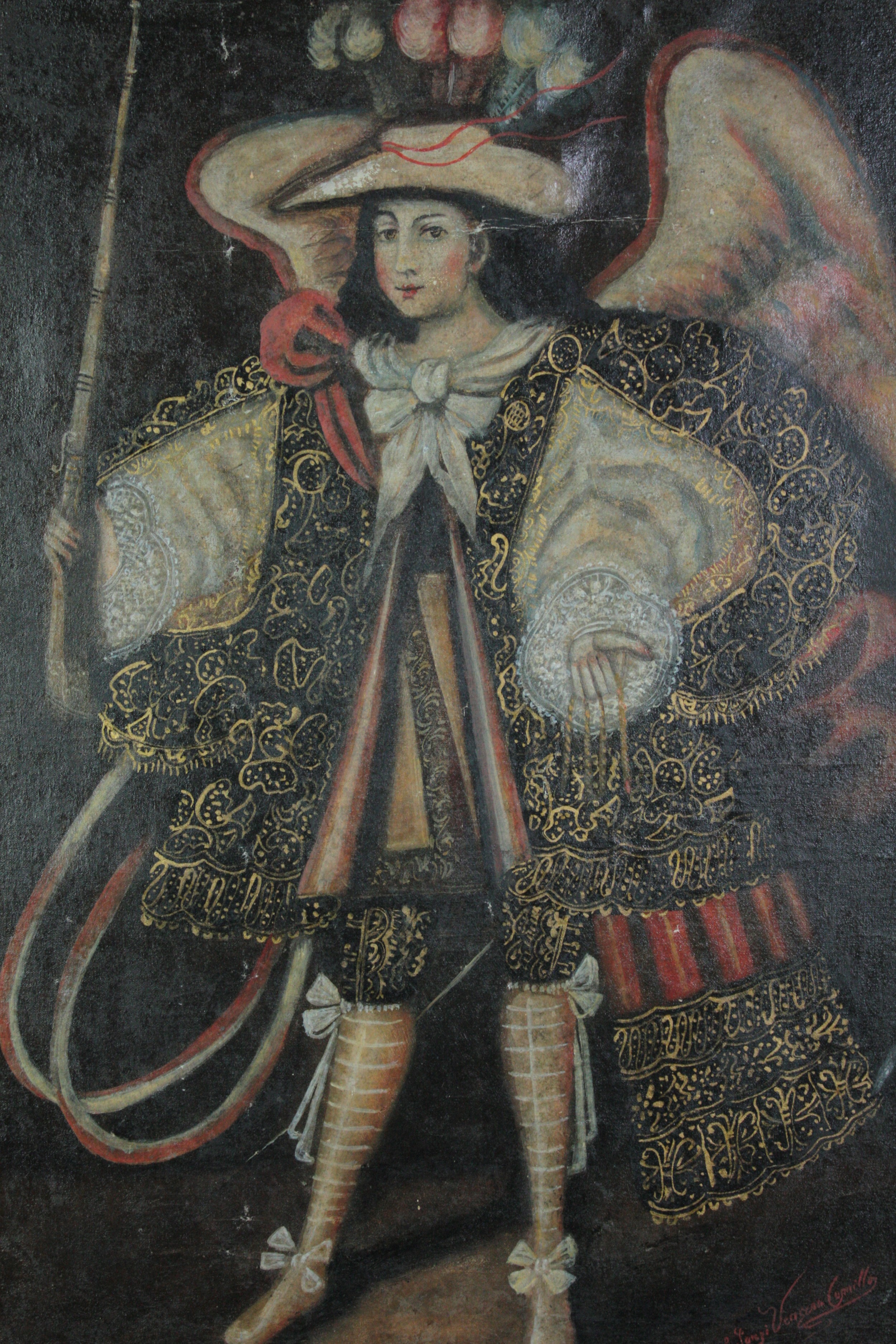 Cuzco school angel. Oil on board. Probably late nineteenth century. Angel in plumed hat and well