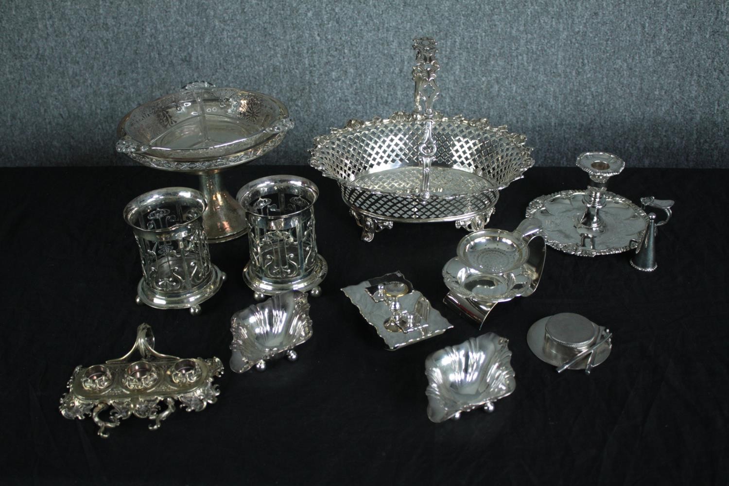 A miscellaneous collection of silver plated items. H.10 W.29cm. (largest)