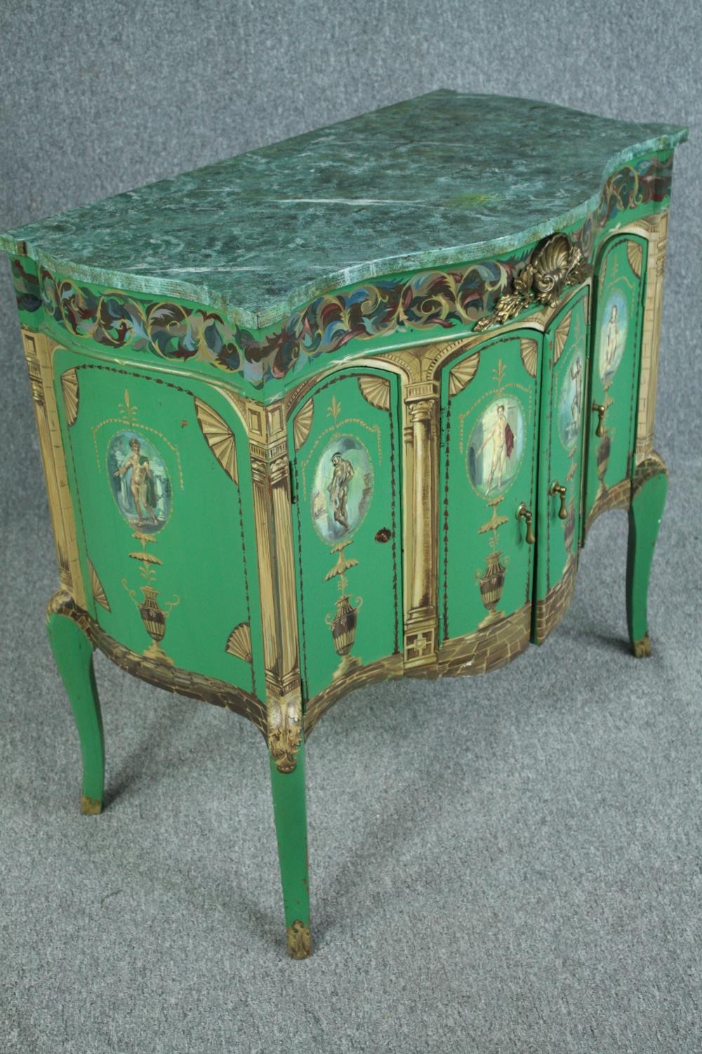 A vintage Louis XV commode cabinet with faux marble top and allover hand painted Classical style. - Image 3 of 6