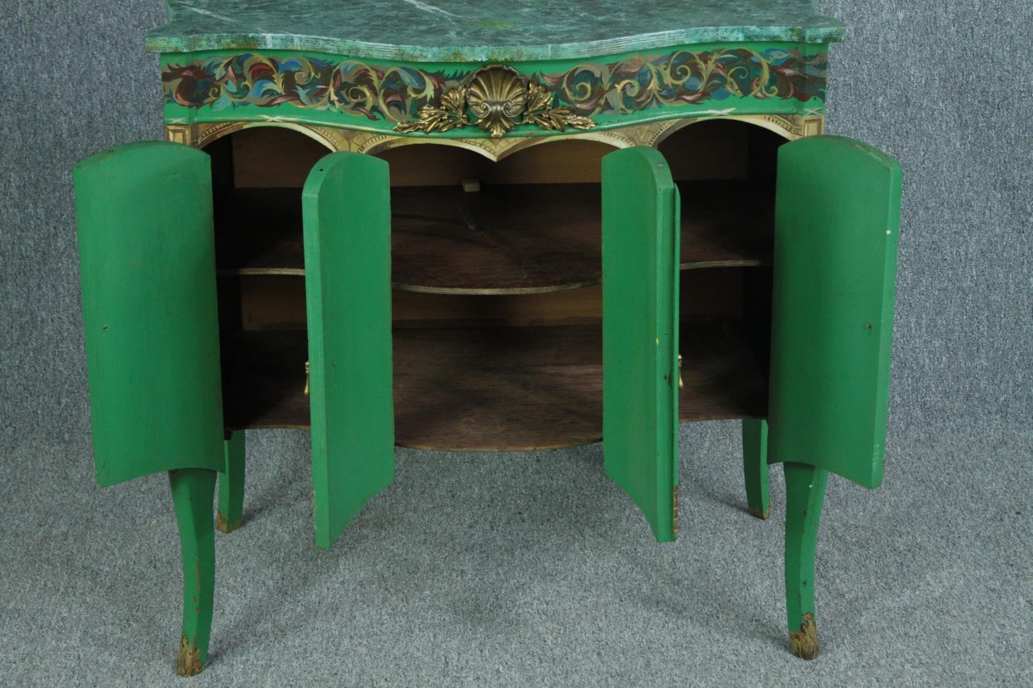 A vintage Louis XV commode cabinet with faux marble top and allover hand painted Classical style. - Image 4 of 6