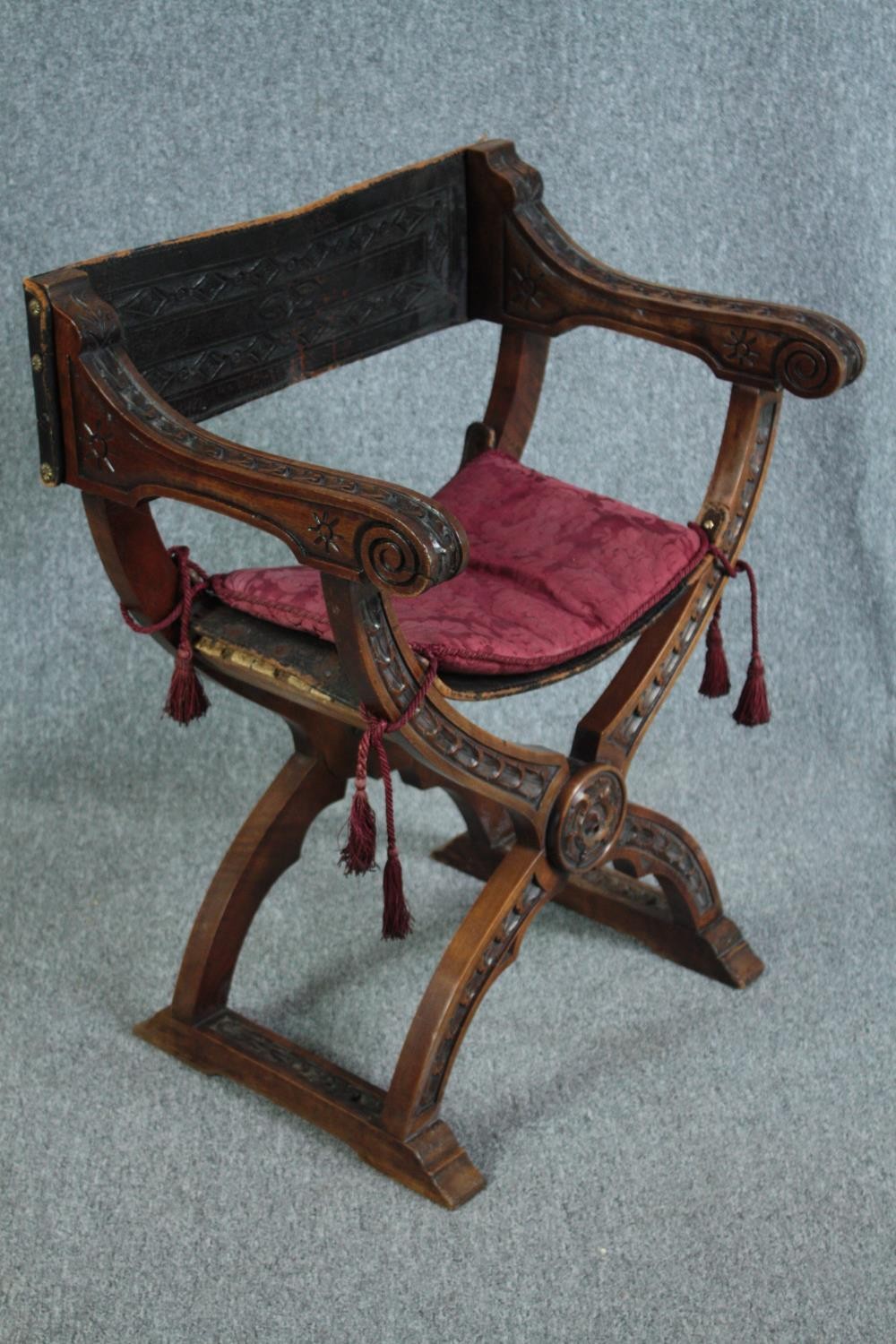 A C.1900 Continental x frame walnut folding armchair with leather seat and back. H.82cm. - Image 2 of 5