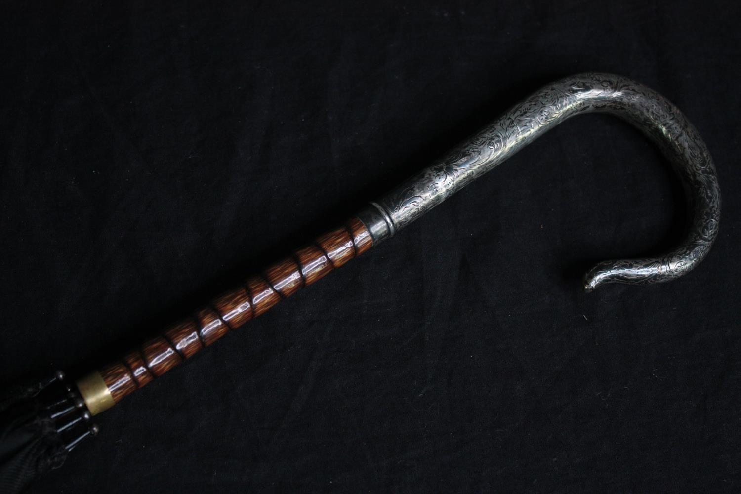 A vintage black silk parasol with hallmarked silver handle and maker's label. L.92cm. - Image 4 of 8