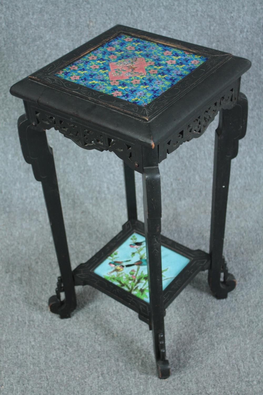 A late 19th century Chinese hardwood jardiniere stand with inset tiles to the top and undertier. H. - Image 2 of 5