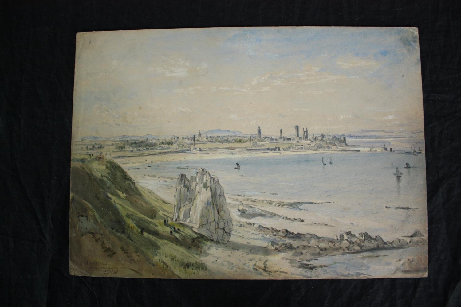 Watercolour. Titled St. Andrews, from the Lady Rock. Signed indistinctly with initials. H.26 W.36 - Image 2 of 4