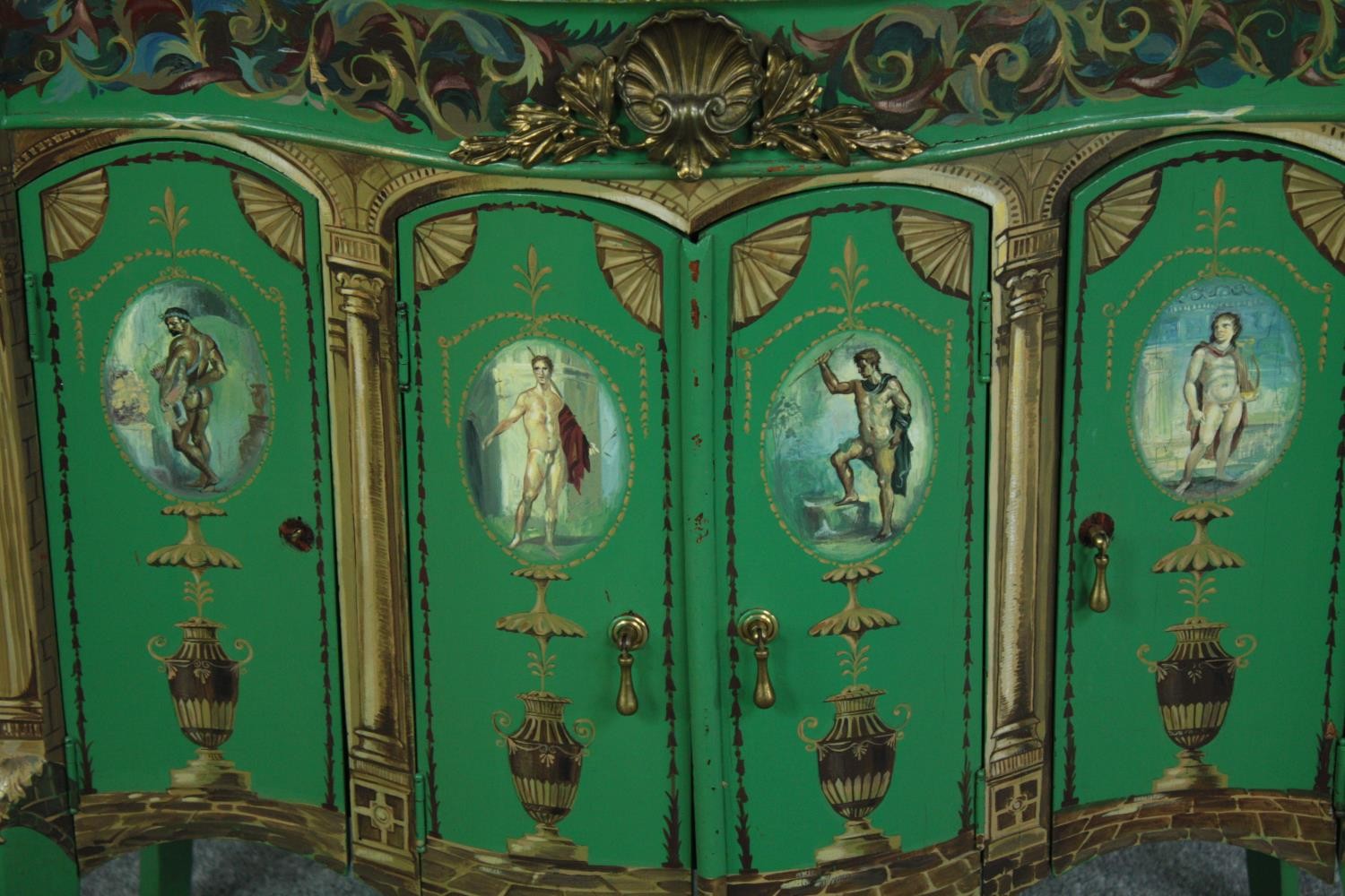 A vintage Louis XV commode cabinet with faux marble top and allover hand painted Classical style. - Image 6 of 6