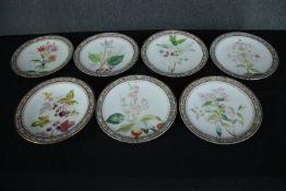 Seven nineteenth century hand painted plates. Decorated in intricate floral relief pattern running