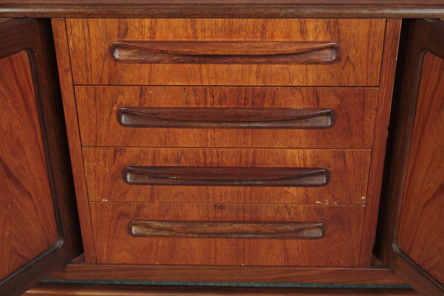 Sideboard, mid century teak by G-Plan with reinforced glass shelves. H.79 W.213 D.46cm. - Image 9 of 11