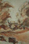 Watercolour painting. Rural scene with horses in a field. Framed and glazed. H.36 W.31 cm.