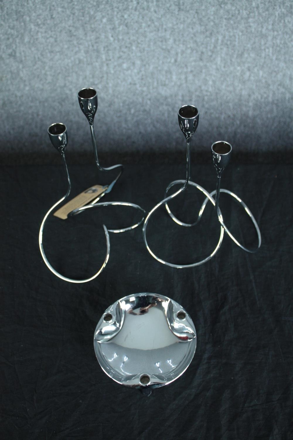 A pair of loop chromed candle holder and a vintage ashtray. H.28cm. (largest) - Image 2 of 6